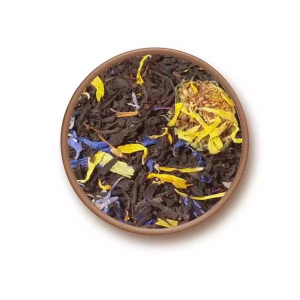 Mélange aromatique de Thé Noir Earl Grey BIO, agrémenté de fleurs de bleut et de fleurs naturelles de souci pour une dégustation raffinée.