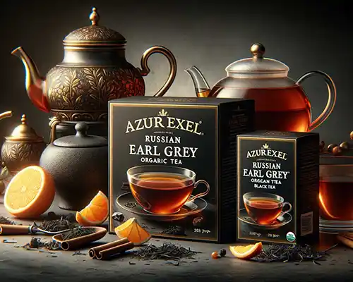 Mise en scène élégante du thé noir Russian Earl Grey AZUREXEL biologique avec des détails de préparation et des éléments décoratifs raffinés