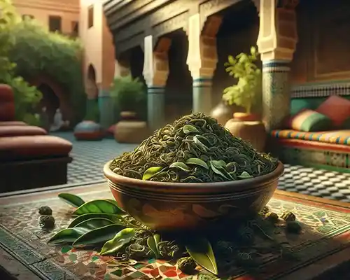 Abondance de thé vert de qualité dans un bol traditionnel, ambiance riad marocain en arrière-plan.