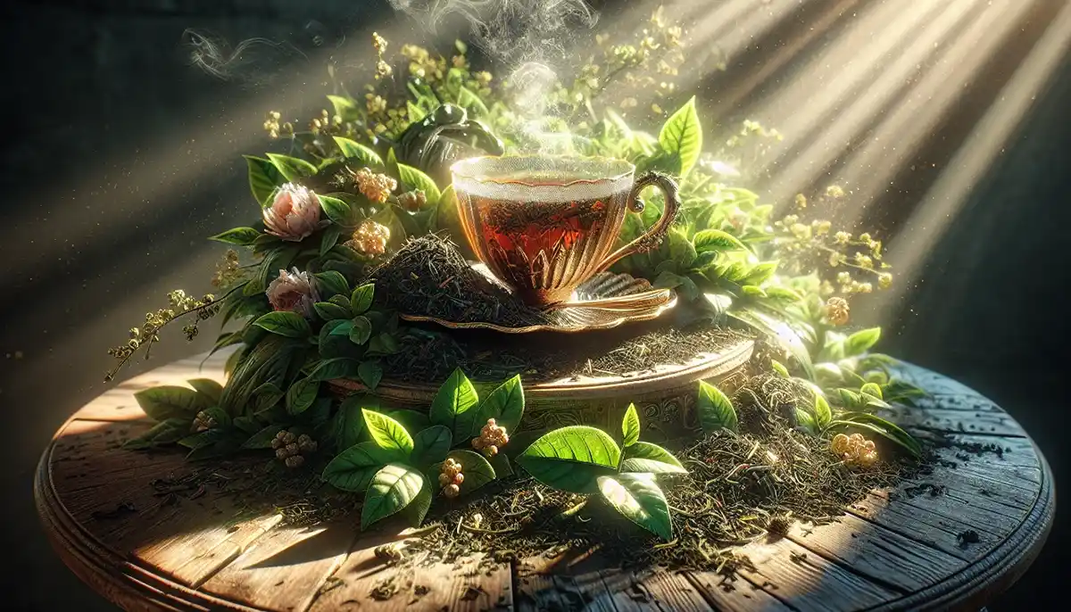 Tasse de thé transparente entourée de feuilles de thé fraîches et de fleurs avec des rayons de soleil illuminant la vapeur.