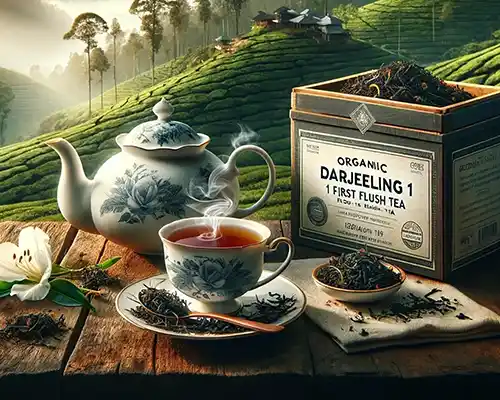 Ensemble élégant pour le thé avec thé Darjeeling de première qualité devant un paysage de champs de thé en terrasses.