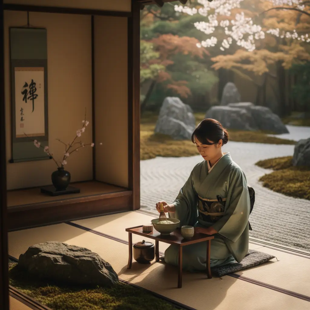 Cérémonie du thé japonaise dans un jardin zen, kimono et bol de matcha