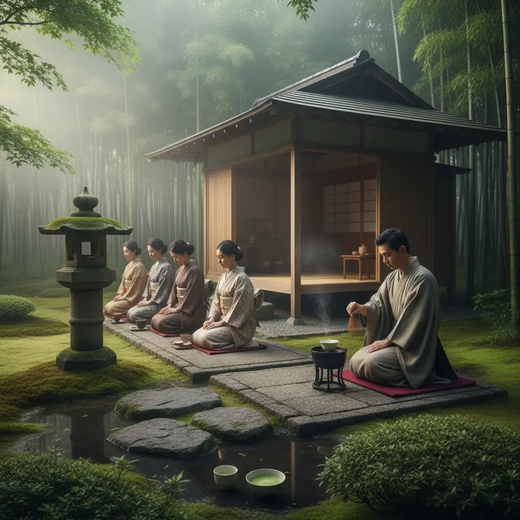 Cérémonie du thé japonais dans un jardin zen