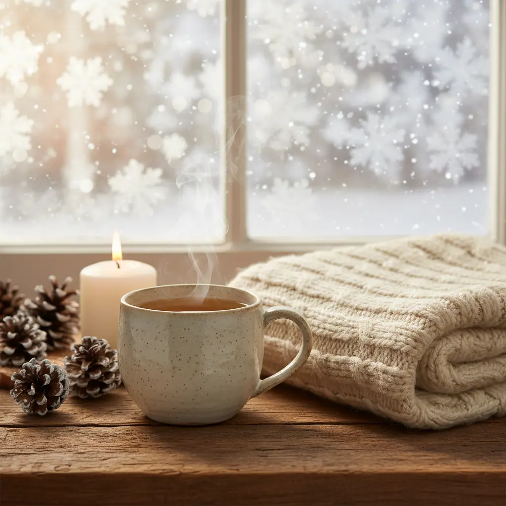 Tasse fumante de tisane hivernale sur une table en bois, ambiance chaleureuse.