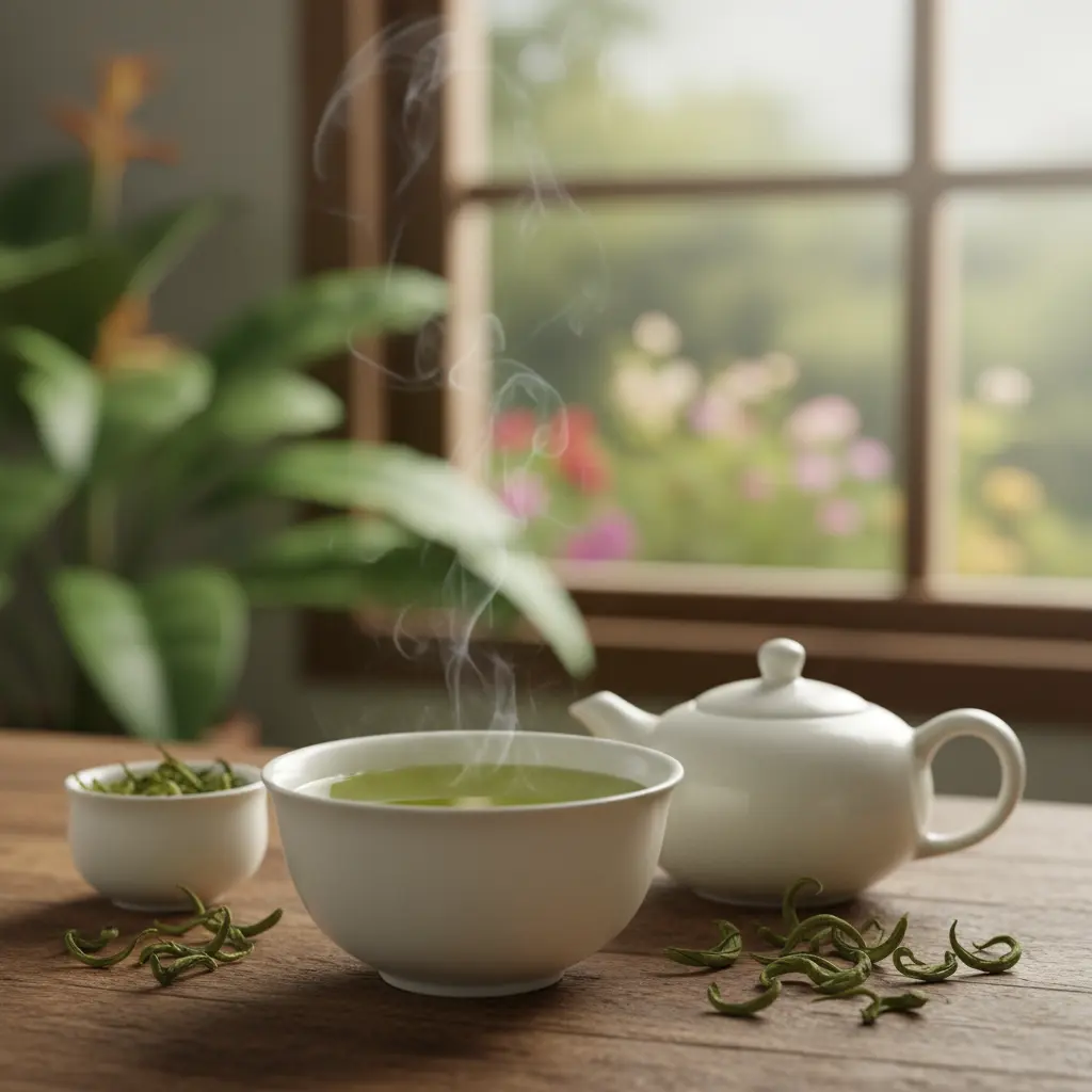 Tasse de thé vert bio fraîchement préparée dans un jardin lumineux