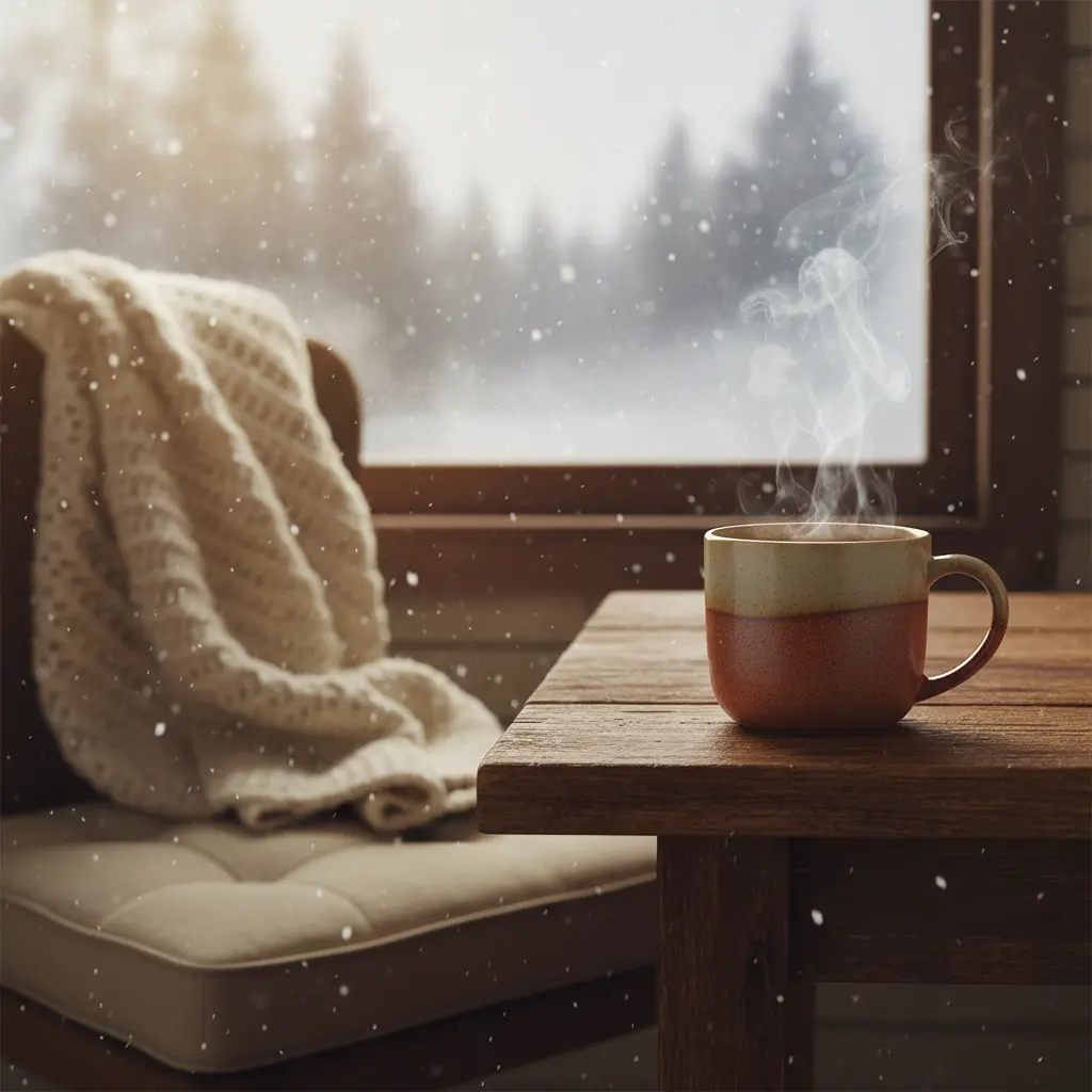 Tasse de thé biologique fumant près d'une fenêtre enneigée, ambiance chaleureuse