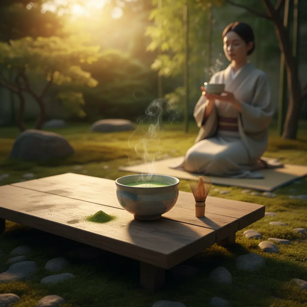 Personne dégustant du thé matcha dans un jardin paisible, harmonie entre l'homme et la nature