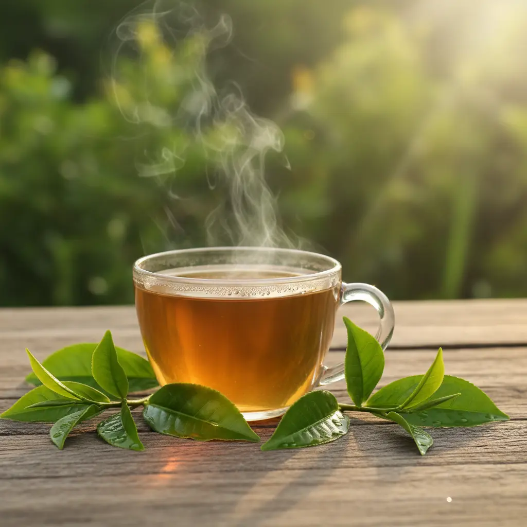 Tasse de thé détox fumante et feuilles de thé biologiques fraîches dans un cadre naturel