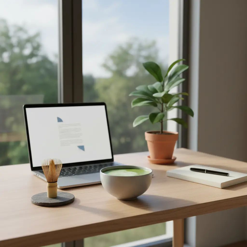 Espace de travail apaisant avec matcha et accessoires, tasse de matcha, whisk et carnet, lumière naturelle près d'une fenêtre