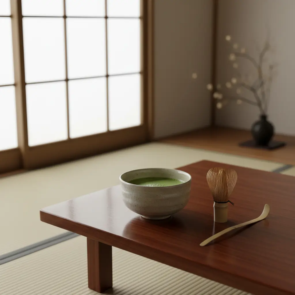 Tasse de matcha dans un cadre traditionnel japonais