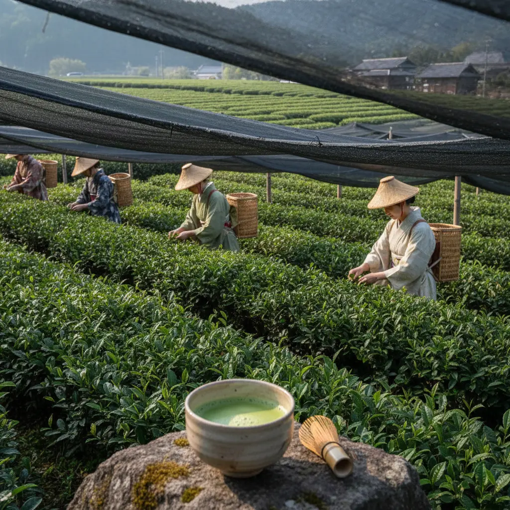 Plantation de tencha au Japon au printemps, cueilleuses et bol de matcha