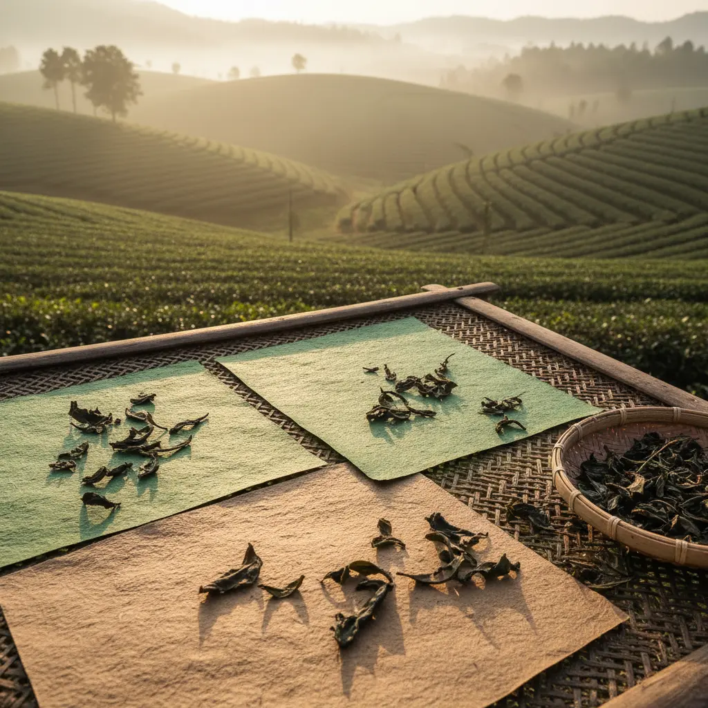 Papier artisanal au thé étendu à sécher près d'un champ de thé matinal