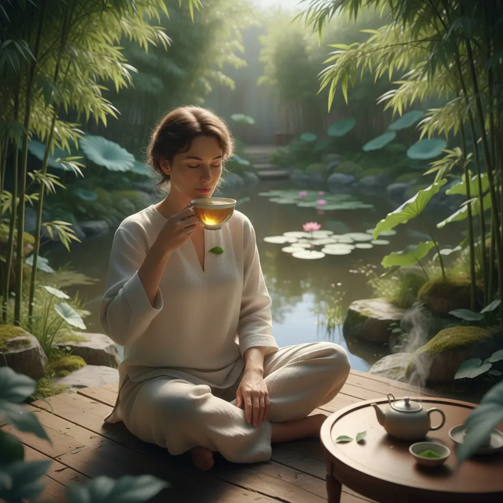 Personne savourant une tasse de thé vert dans un cadre naturel apaisant