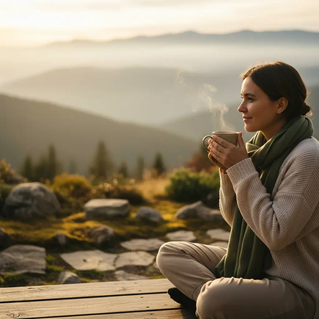 Personne sereine dégustant une tasse de thé sur une terrasse, lumière douce du matin, vapeur éthérée, décor naturel apaisant.