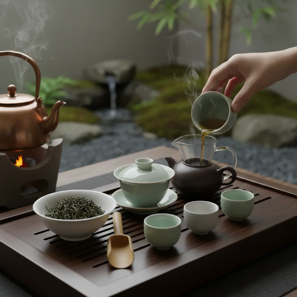 Préparation traditionnelle du thé oolong avec gaiwan et feuilles d'exception