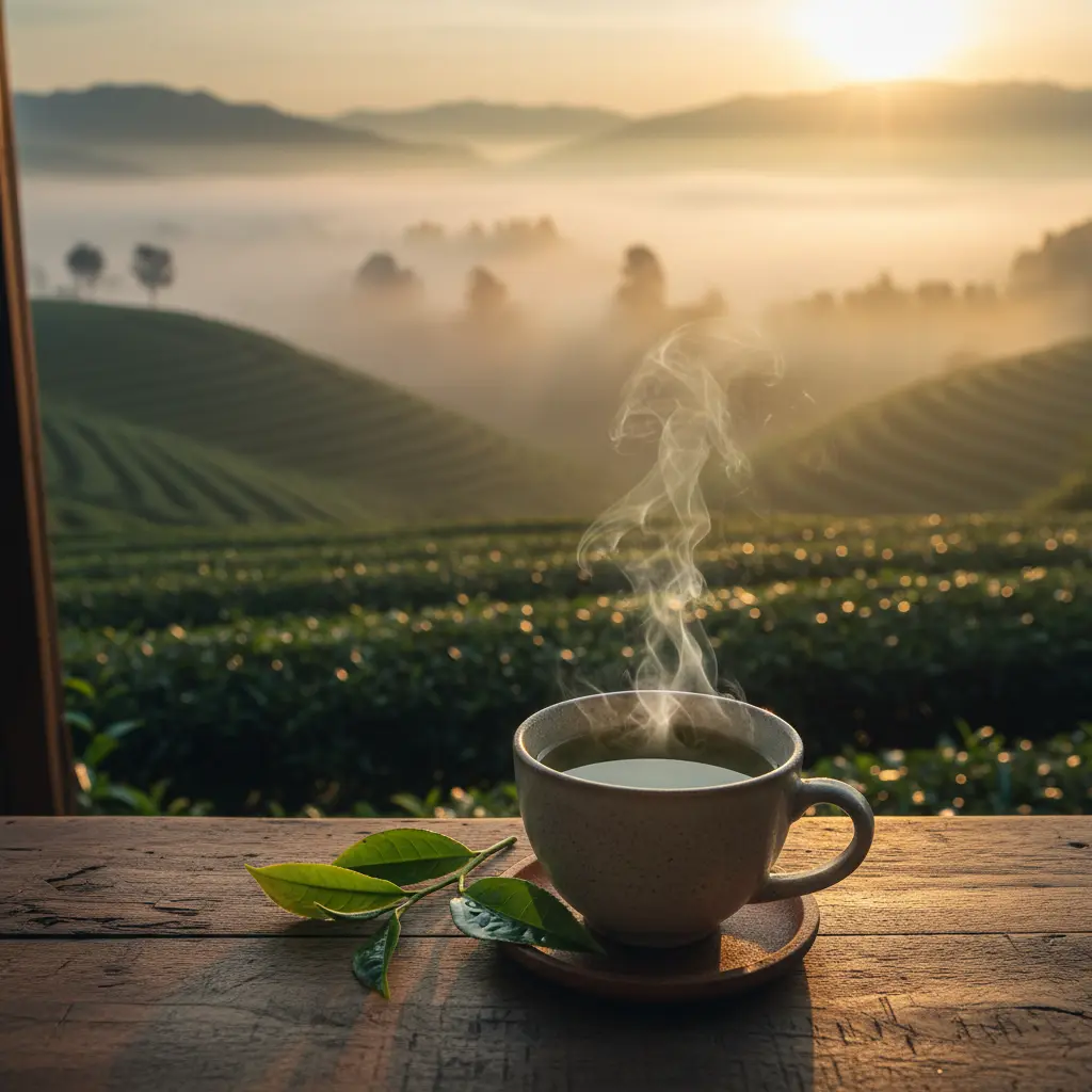 Tasse de thé fumante devant une plantation de thé au petit matin