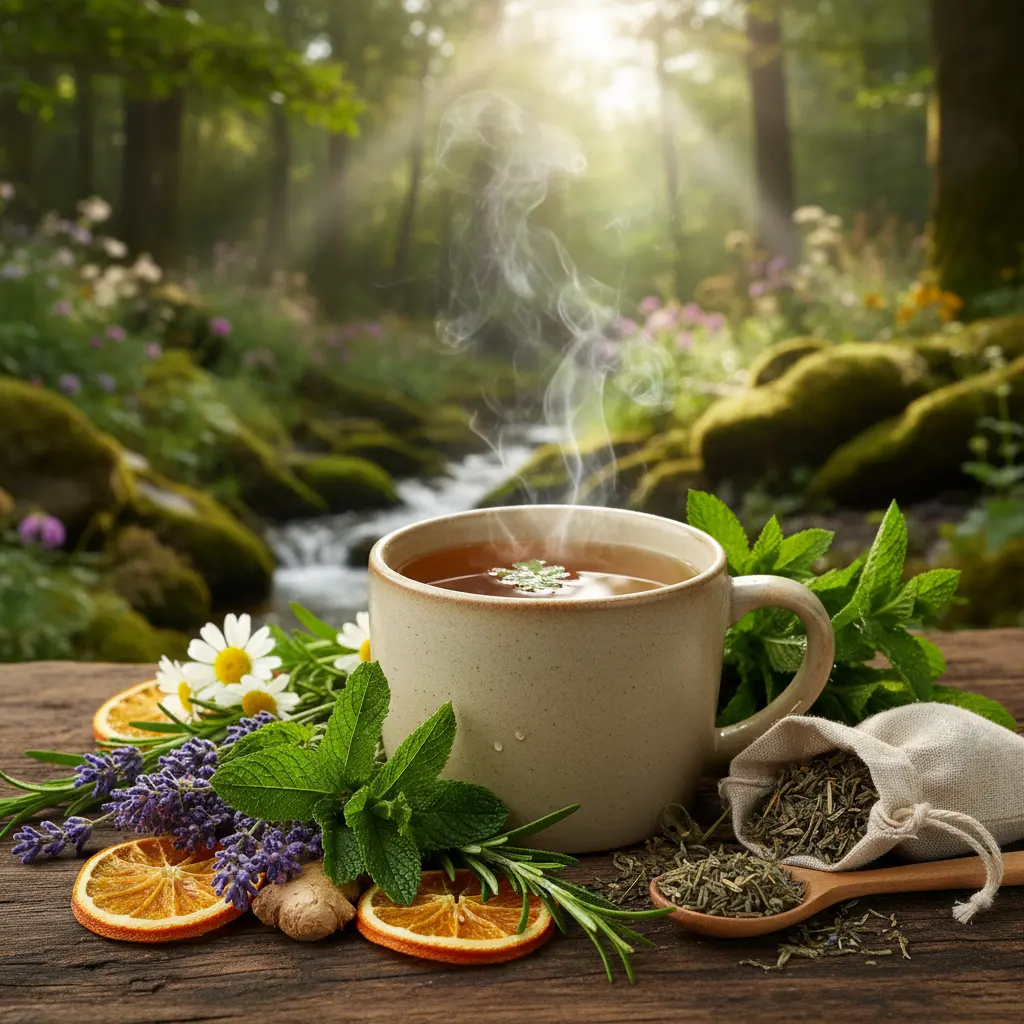 Tasse de thé herbal fumante dans un cadre naturel, illustrant pureté et naturel
