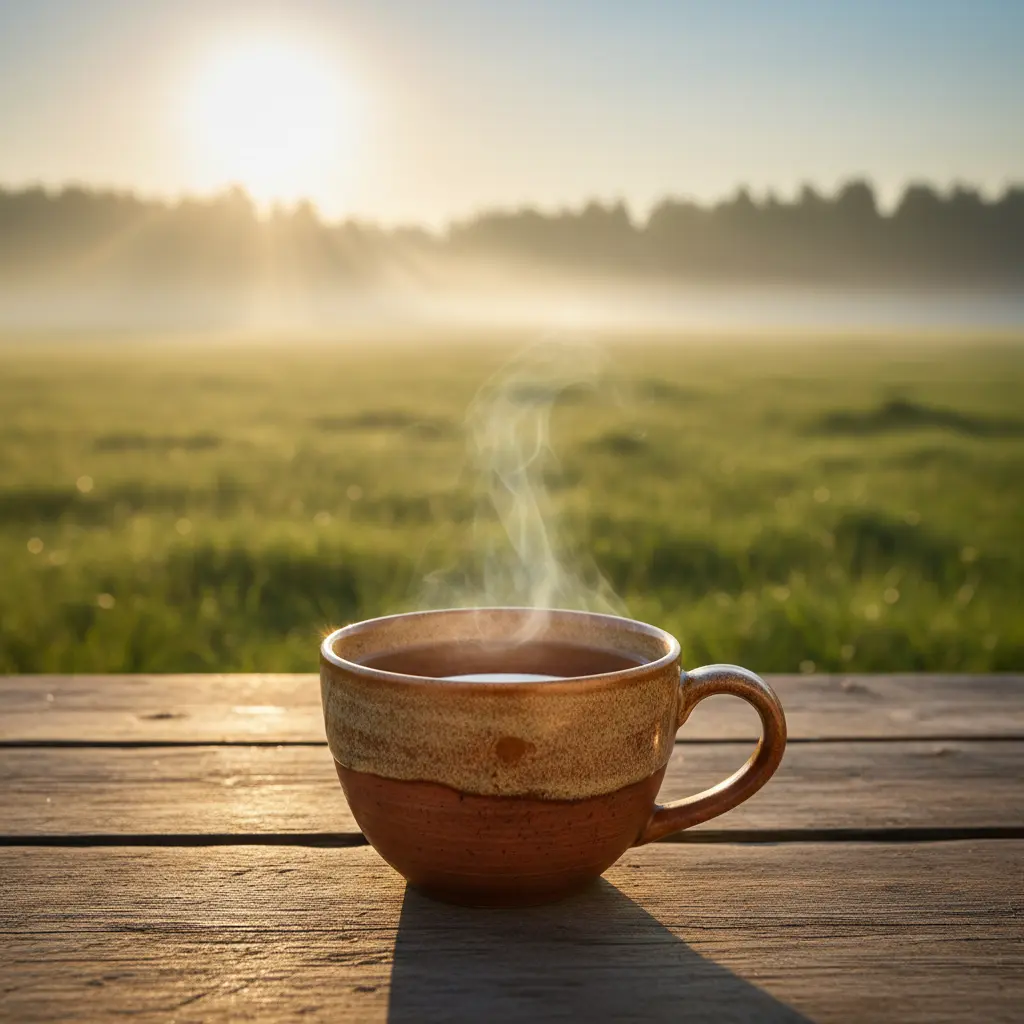 Tasse de thé fumante sur une table en bois dans un pré brumeux, ambiance naturelle apaisante