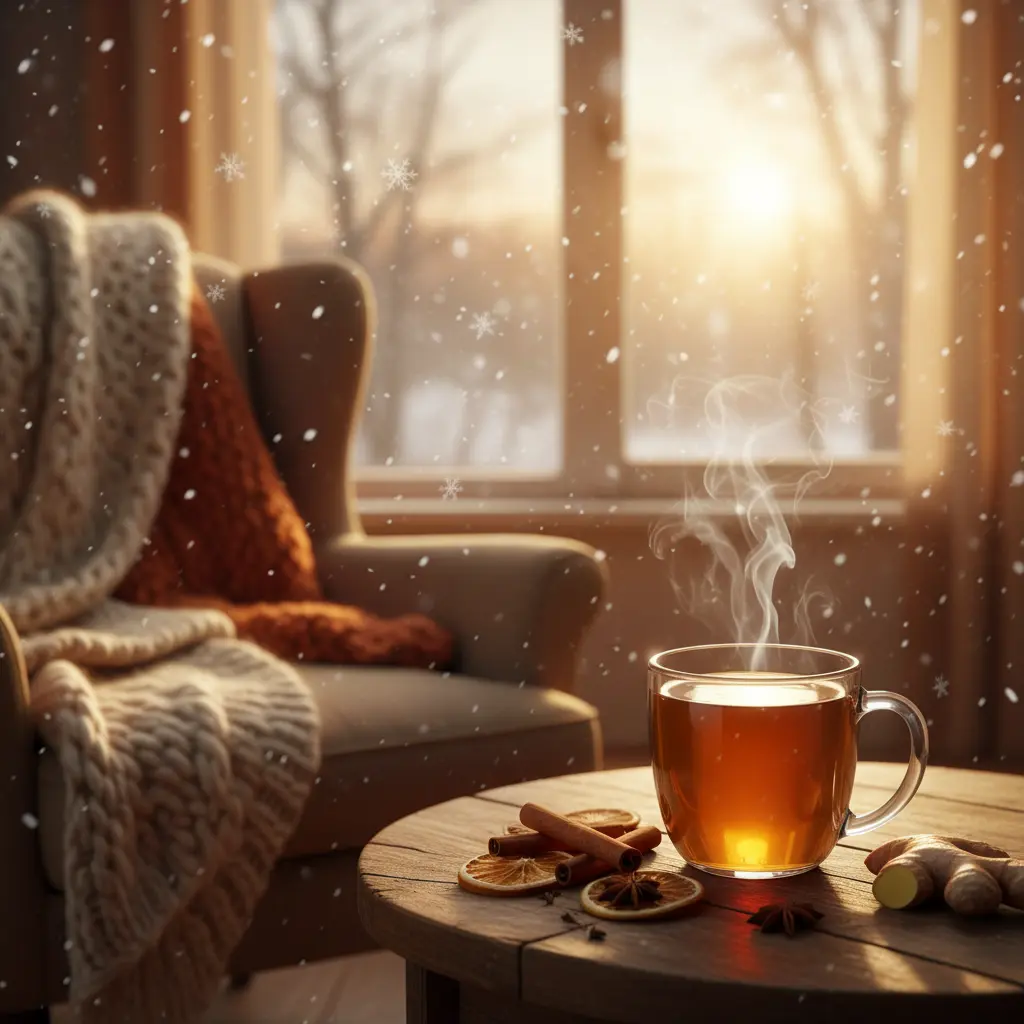Tasse fumante sur table en bois, ambiance hivernale cosy, flocons visibles à la fenêtre
