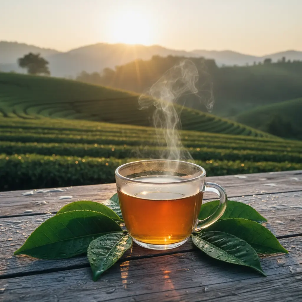 Tasse fumante dans une plantation de thé biologique