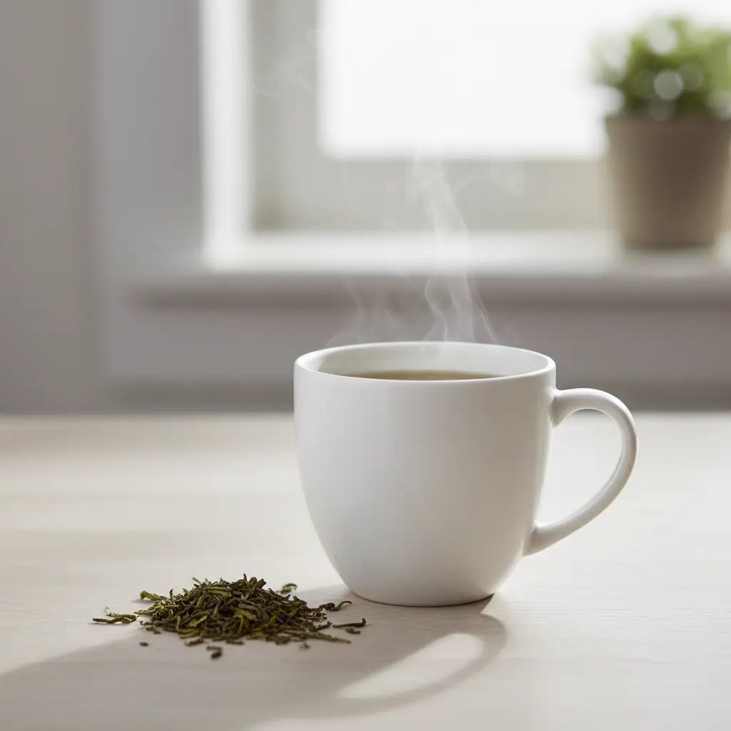 Tasse de thé bio en céramique blanche avec feuilles de thé vert en vrac