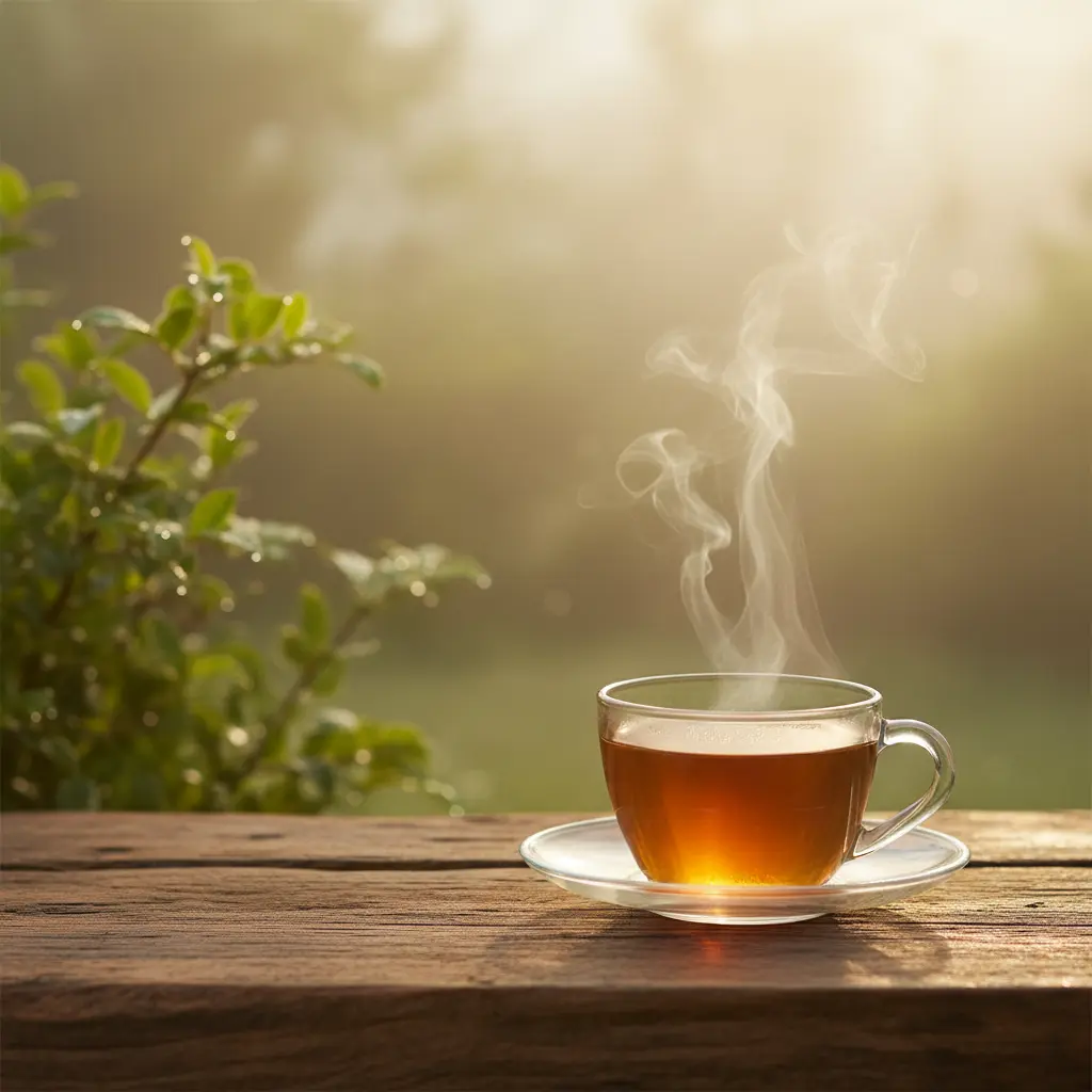 Tasse de thé fumante sur table en bois, jardin matinal brumeux, vapeur délicate s'échappant, ambiance contemplative