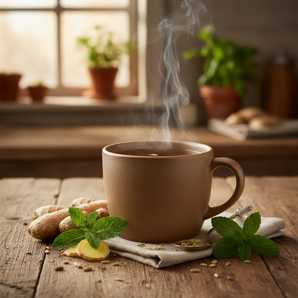 Tasse de thé digestion avec gingembre et menthe