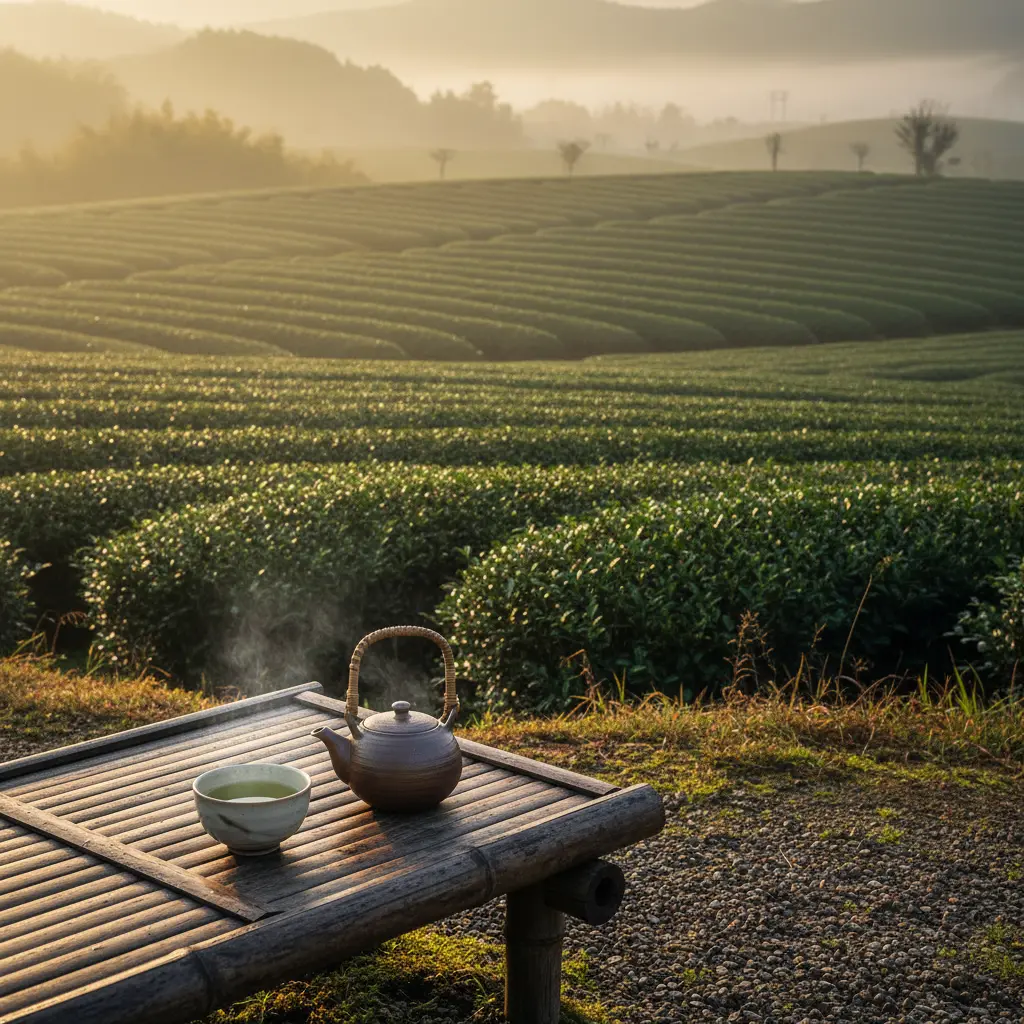Jardin de thé à l'aube avec une tasse de sencha et un kyūsu