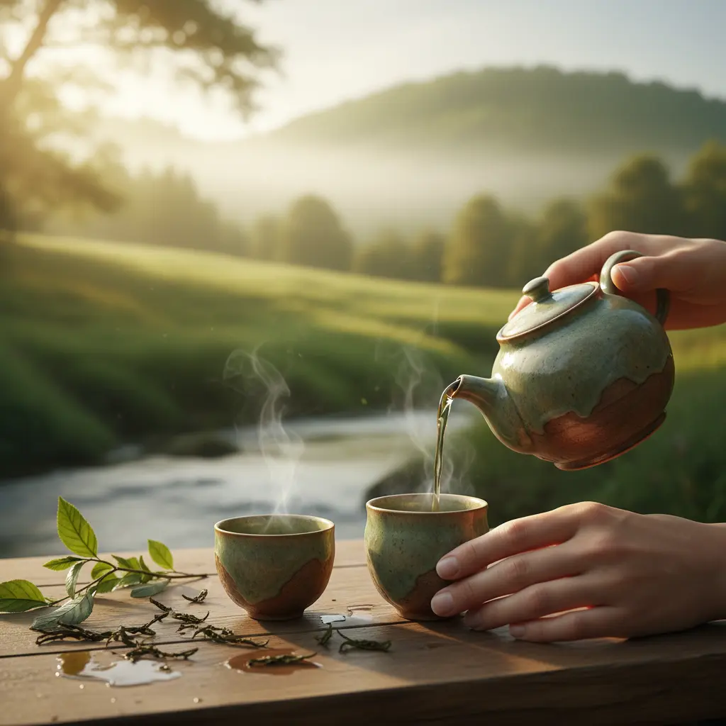 Dégustation de thé en nature : théière, tasses fumantes, paysage verdoyant