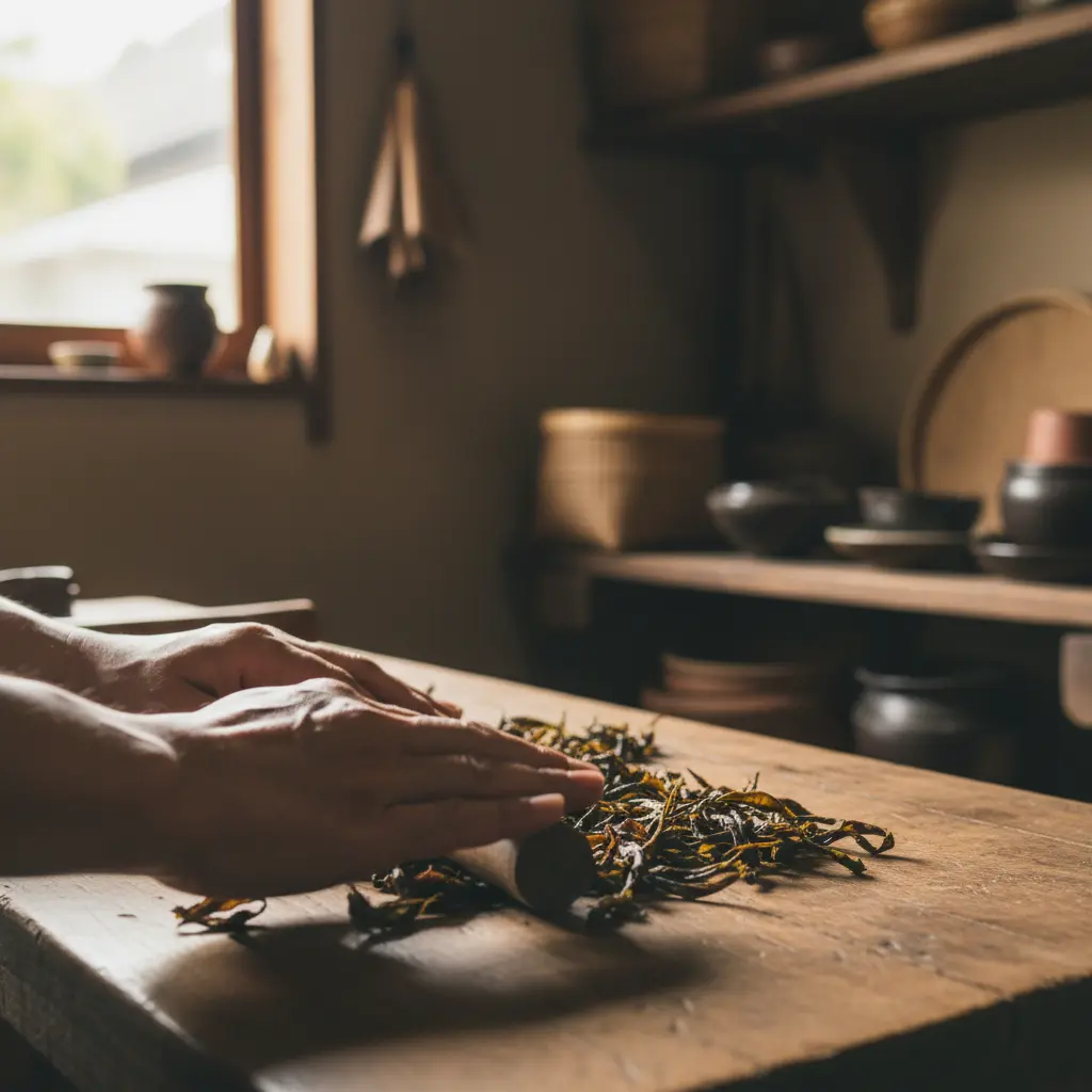 Artisan japonais roulant à la main des feuilles de Temomi Wakoucha