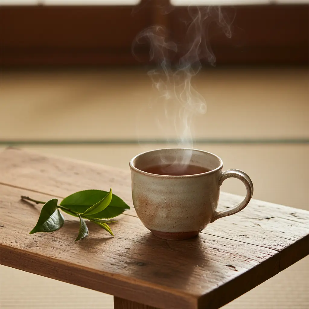Tasse fumante de Temomi Wakoucha dans un décor zen