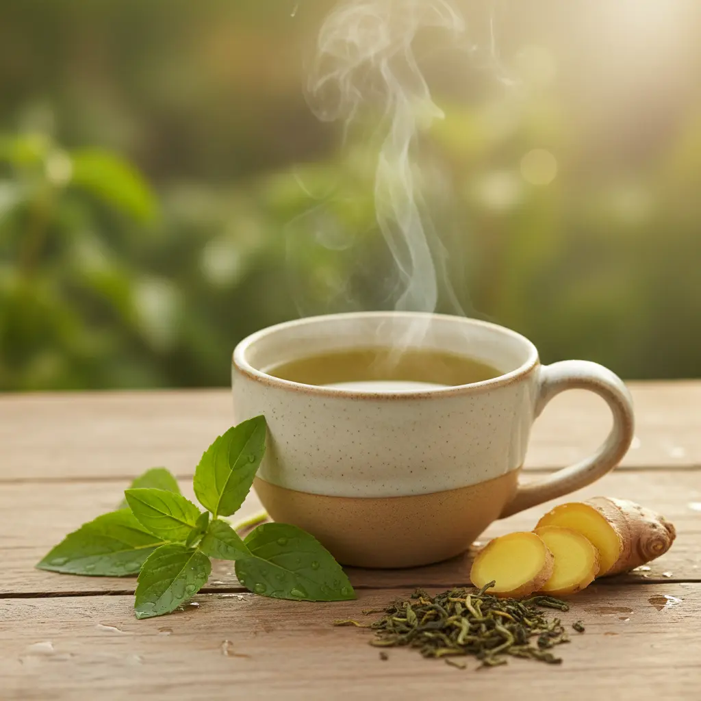 Tasse de thé bio entourée de feuilles, tulsi et racine de gingembre dans la nature