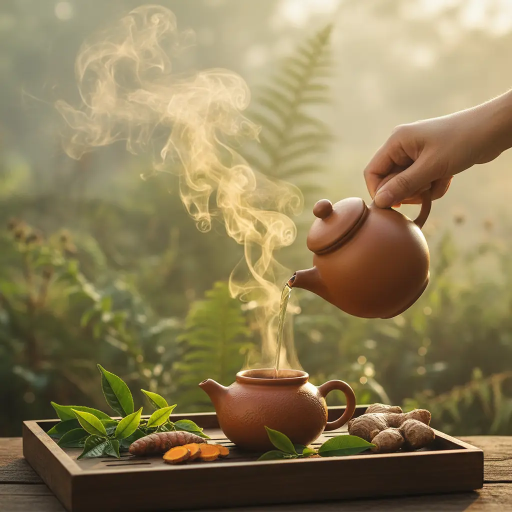 Thé détox posé sur plateau en bois, vapeur dorée, feuilles et racines à côté