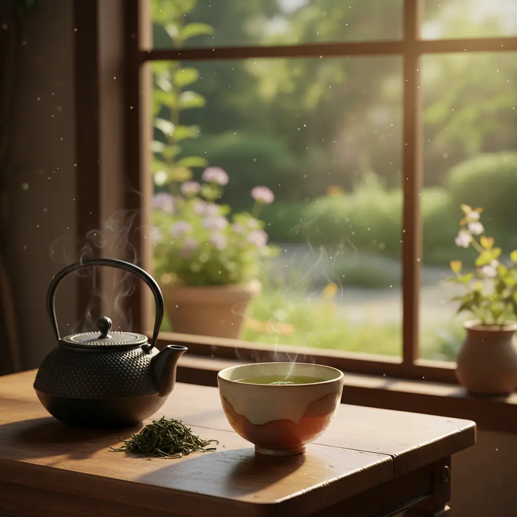 Scène apaisante de dégustation de thé vert bio dans un cadre naturel chaleureux avec lumière douce matinale