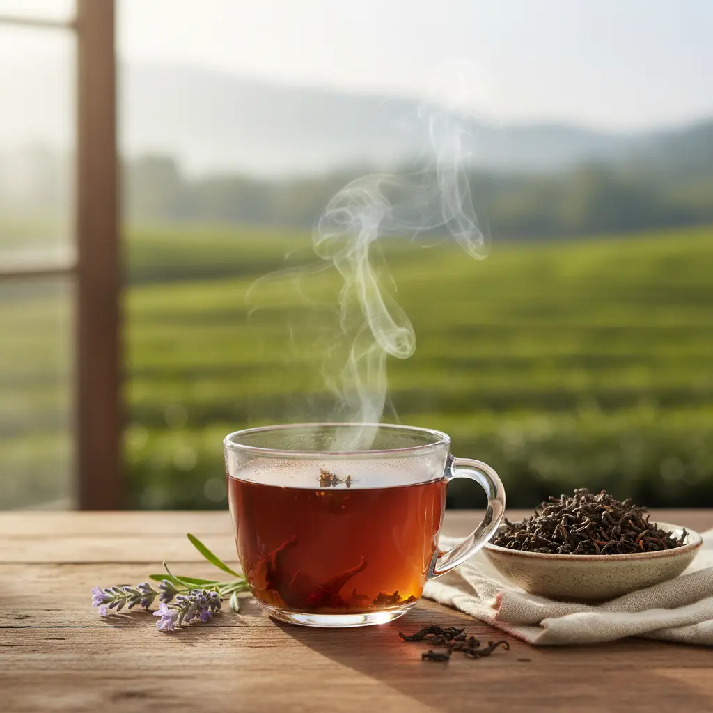 Tasse de thé noir bio prête sur table en bois, ambiance jardin apaisante