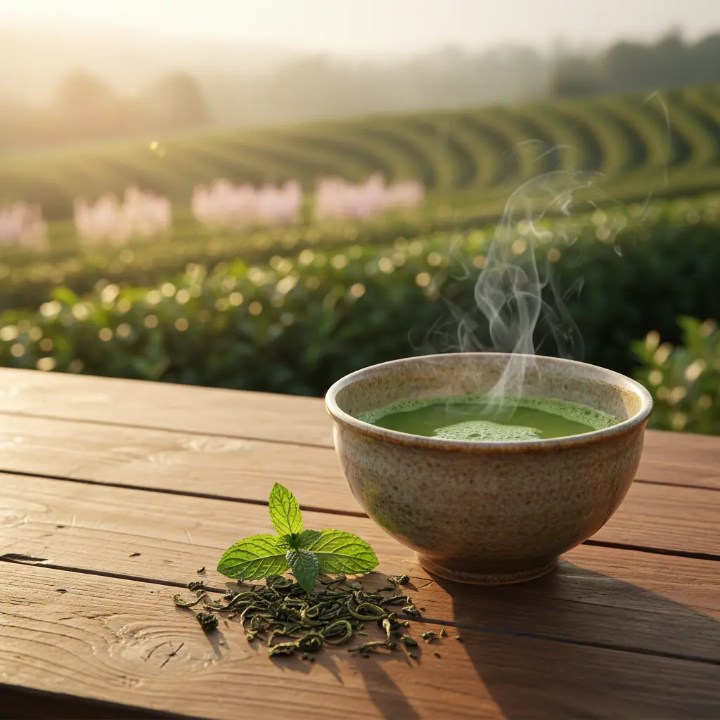 Tasse de thé vert bio fumante sur table en bois, feuilles en vrac à côté, lumière matinale chaleureuse