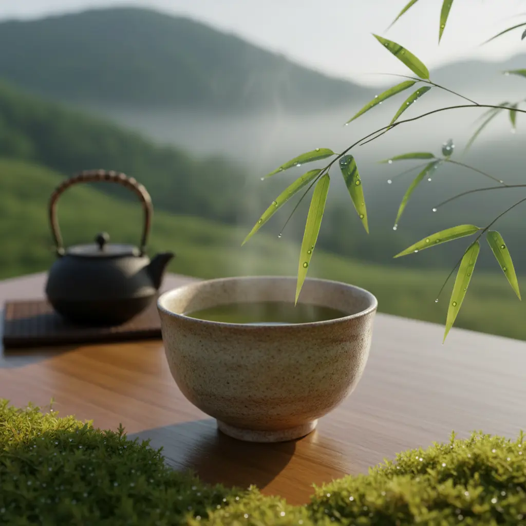 Tasse traditionnelle de thé vert bio dans un cadre naturel apaisant
