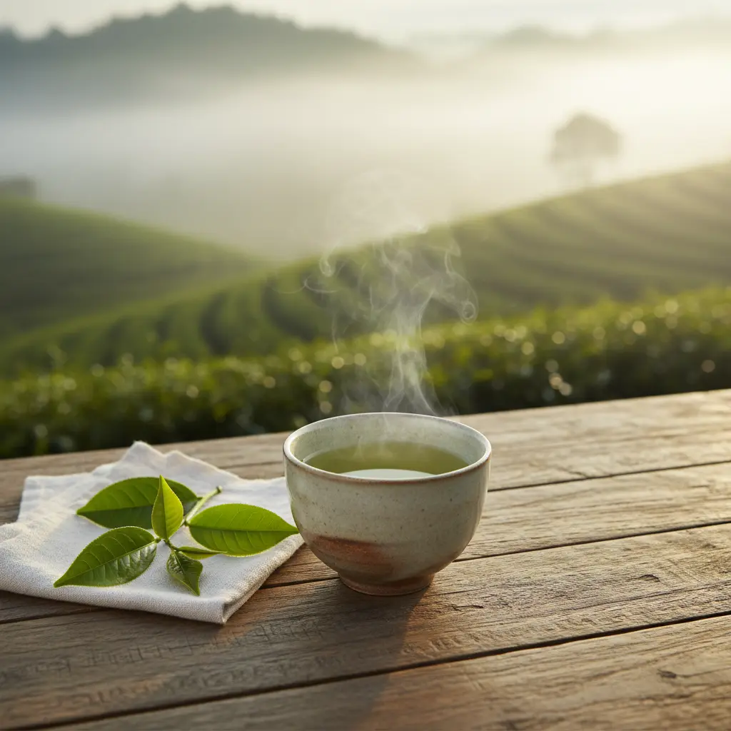 Tasse de thé vert bio sans amertume sur table en bois, théiers brumeux en arrière-plan