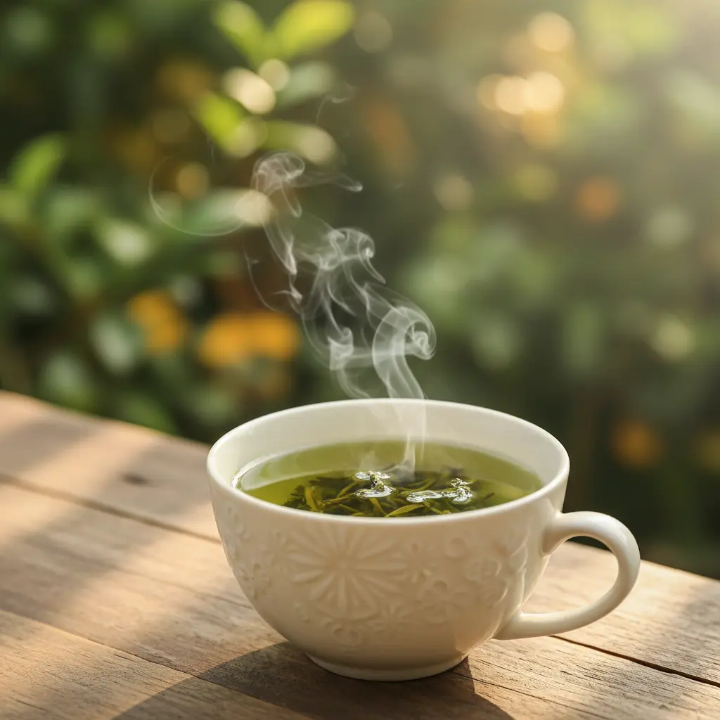 Tasse de thé vert sur fond naturel, vapeur légère et ambiance détente