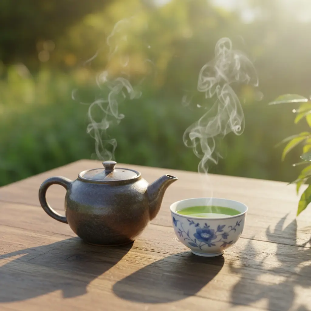Théière en céramique et tasse de thé vert, matin lumineux dans un décor naturel apaisant