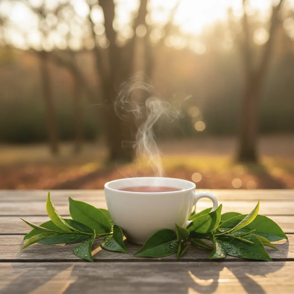 Tasse de wakoucha posée sur bois, feuilles de thé et lumière tamisée