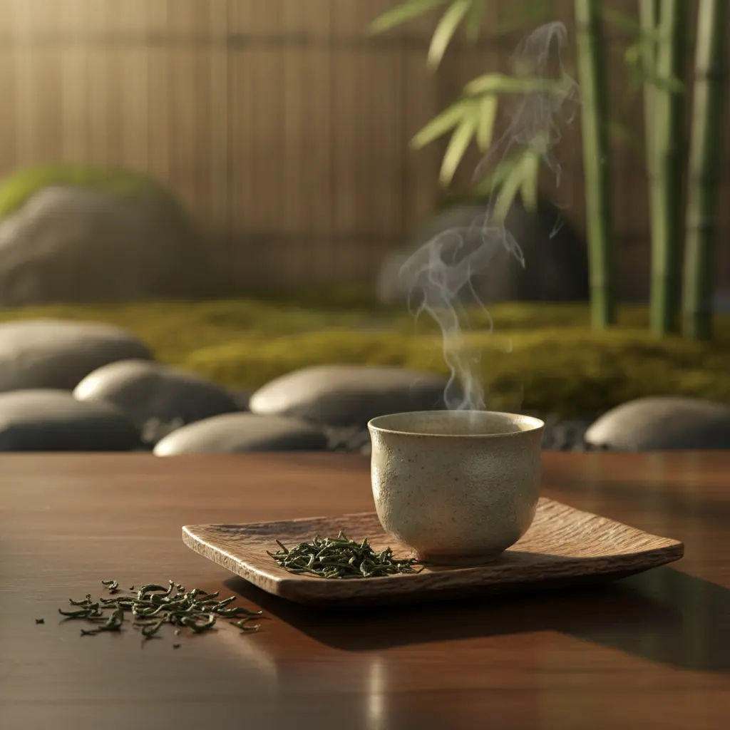 Tasse fumante et feuilles de thé sur plateau en jardin zen au lever